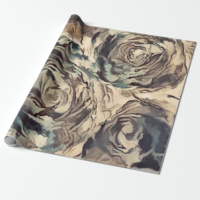 Abstract art brush textured roses print brown beig wrapping paper (Unrolled)