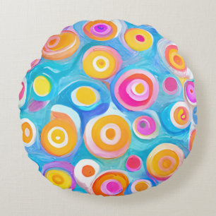 Abstract Art Circles Bright Colors Home Decor Fun Round Pillow