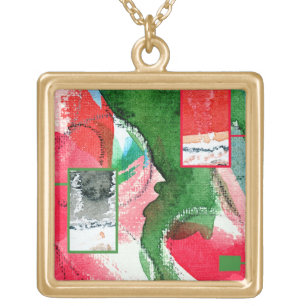 abstract art collage, mixed media and watercolor 2 gold plated necklace