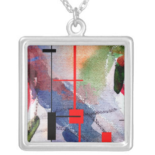 abstract art collage, mixed media and watercolor silver plated necklace