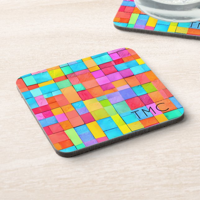 Abstract Art Colorful Monogram INITIALS Modern Fun Beverage Coaster (Left Side)