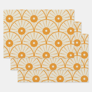 Abstract Art Deco Sun Pattern Orange Wrapping Paper Sheets