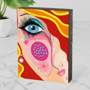 Abstract Art Female Face Blue Eye Red Wooden Box Sign