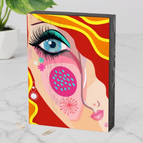 Abstract Art Female Face Blue Eye Red Wooden Box Sign