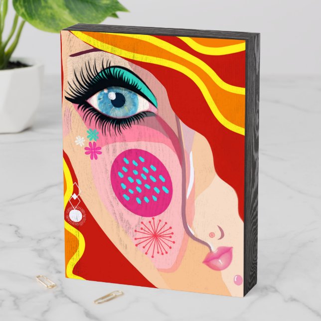 Abstract Art Female Face Blue Eye Red Wooden Box Sign (In Situ Vertical)