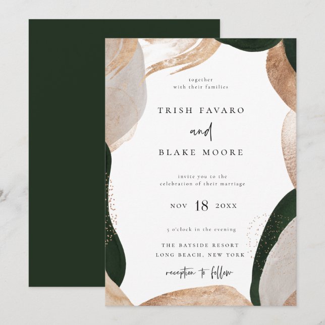 Abstract Art Frame Green Gold Wedding Invitation (Front/Back)