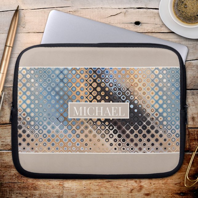 Abstract Art Glass Dots Tech Design Laptop Sleeve (A modern design laptop sleeve featuring an abstract art glass dots pattern in blue, grey and beige.)