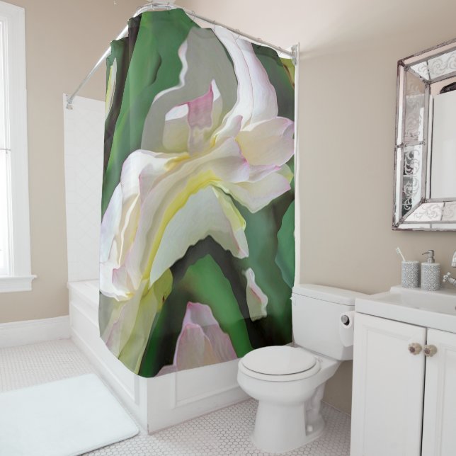 Abstract Art Green And White Flower Shower Curtain (In Situ)