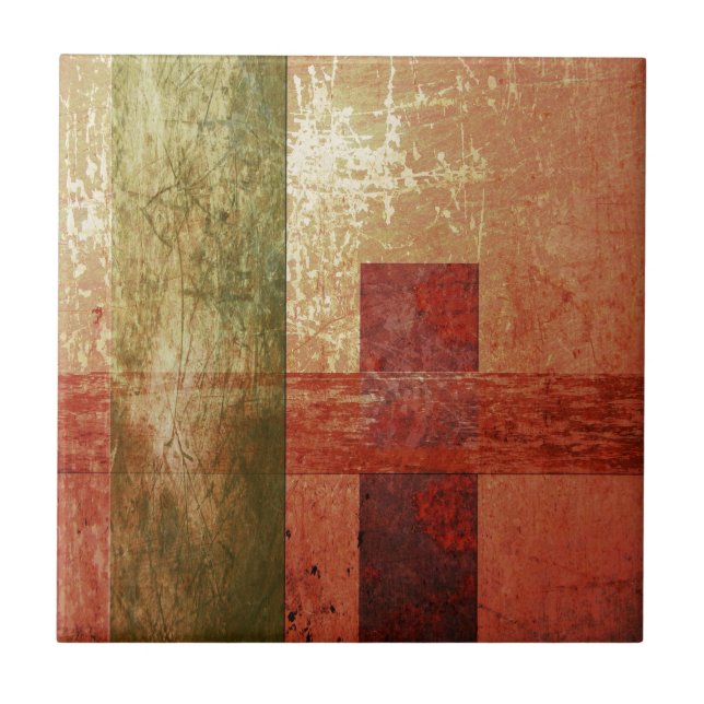 Abstract Art Grunge Geometric Red Orange Green Ceramic Tile (Front)