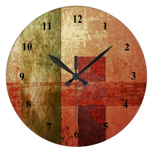 Abstract Art Grunge Geometric Red Orange Green Large Clock