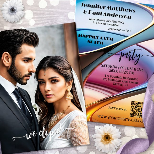 Abstract Art Happily Ever After Wedding Photo  Invitation (Happily ever after or elopement photo wedding invitation with a bold colored modern art abstract)