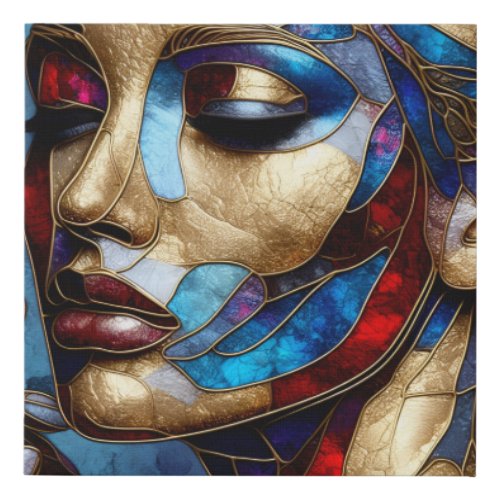 Abstract art in stained glass of a womans face faux canvas print
