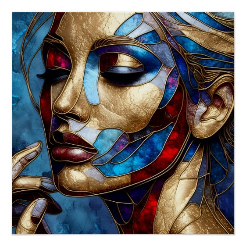 Abstract art in stained glass of a womans face poster