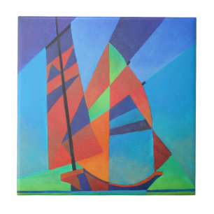 Abstract Art Junk Boat Against Deep Blue Sky Ceramic Tile