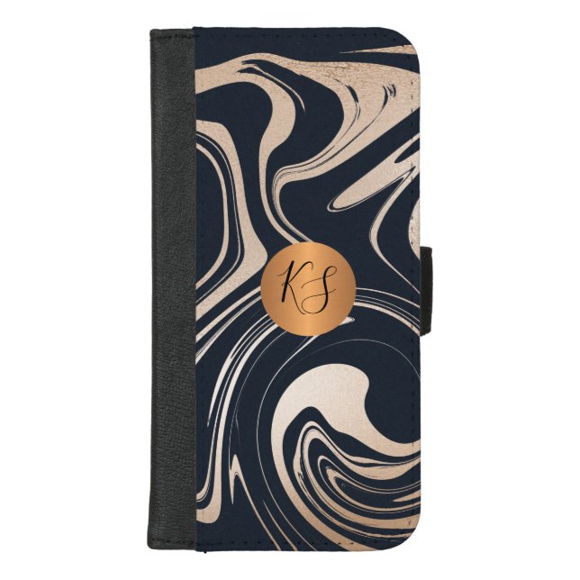 Abstract art marble paint copper gold monogrammed iPhone wallet case (Front)