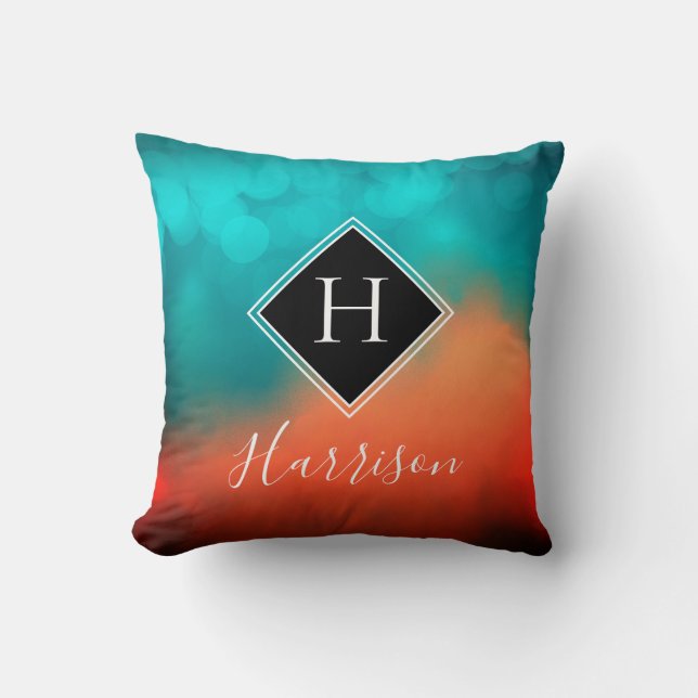 Abstract Art Monogram Name Teal Orange Throw Pillow (Front)