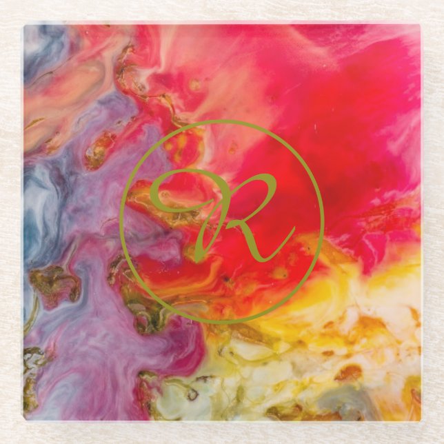 Abstract Art Monogram  Shadows Gold, Red & Yellow Glass Coaster (Front)