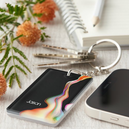 Abstract Art Multicolor Paint on Black Name Keychain