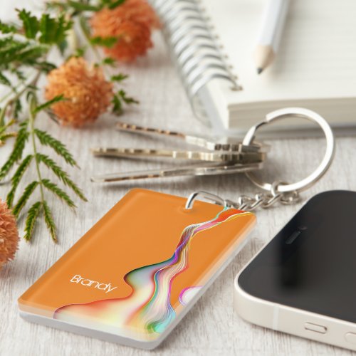Abstract Art Multicolor Paint on Orange Name  Keychain