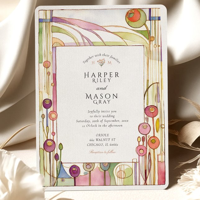 Abstract Art Nouveau Floral Watercolor Wedding Invitation (Creator Uploaded)