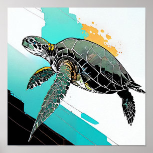 Abstract neon paint splash art turtle animal