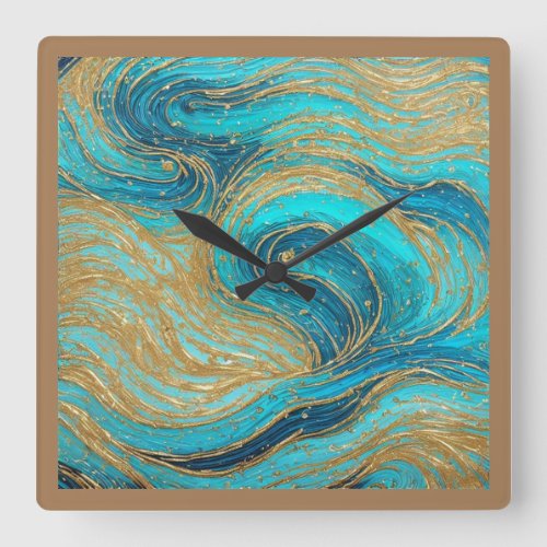 Abstract Art Paint Pour Aqua Blues Gold Wall Clock