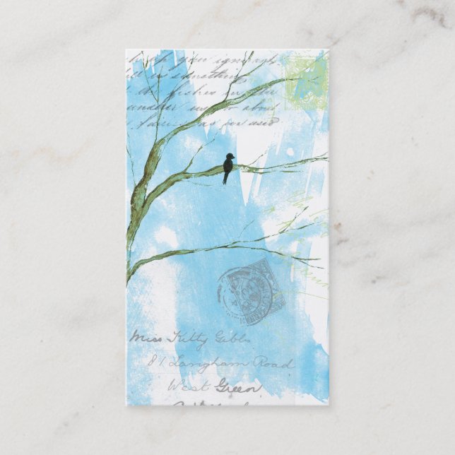 Abstract Art Painting Lone Bird Tree Branches Blue Business Card (Front)