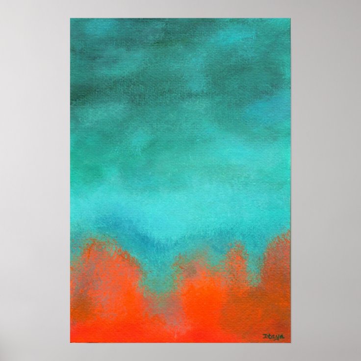 Abstract Art Painting, Red, Orange, Aqua, Teal Poster Zazzle