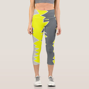 Abstract Art Pale Grey Yellow Charcoal Grey Capri Leggings