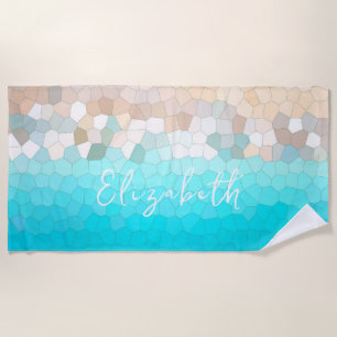 Abstract Art Pale Turquoise Beige Coral Add Name Beach Towel
