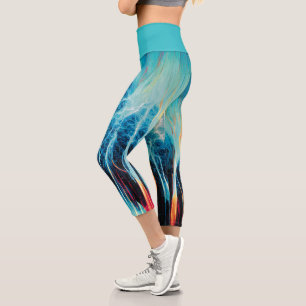 Abstract Art Pattern Red and Blue Electric Energy Capri Leggings