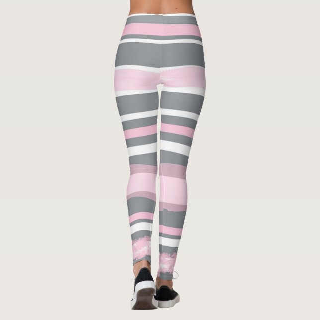 Abstract Art Pink Grey White Lines Leggings (Back)