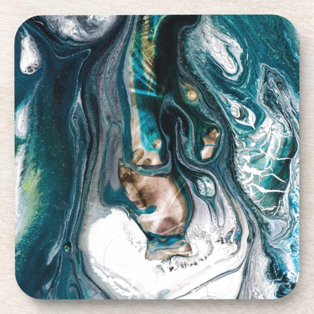 ABSTRACT ART PRINT TEAL WHITE COPPER DRINK COASTER (Front)