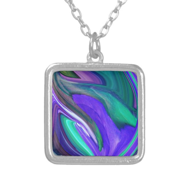 Abstract Art Purple N Teal Leaf Silver Plated Necklace (Front)