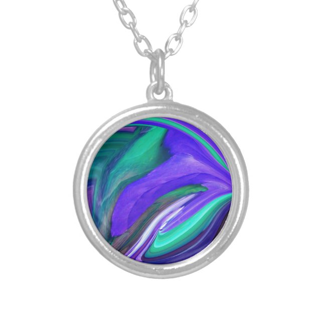 Abstract Art Purple N Teal Leaf Silver Plated Necklace (Front)