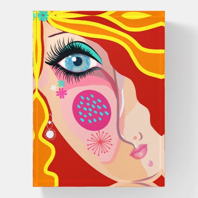 Abstract Art Quirky Face Eye Red Yellow Paperweight (Vertical)