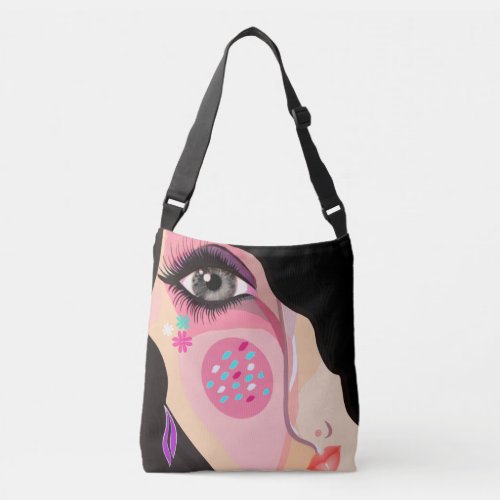 Abstract Art Quirky Whimsical Girl Face Eye Crossbody Bag