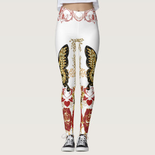 Abstract Art Roses Butterfly Sweeping Hearts Gold Leggings