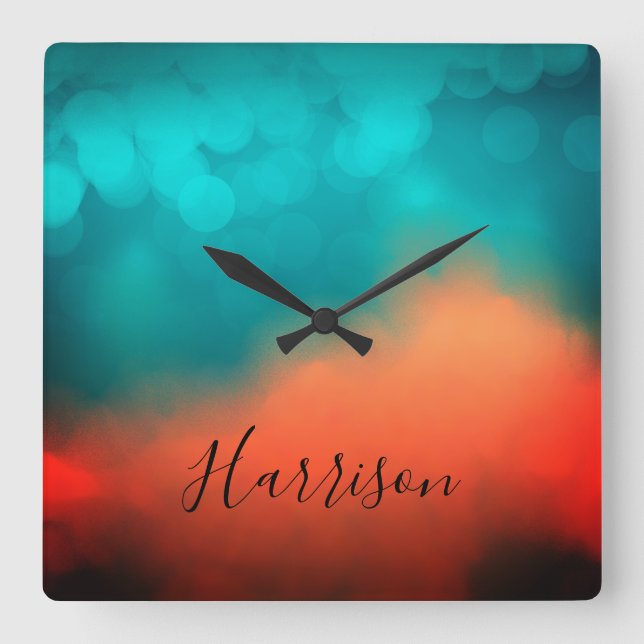 Abstract Art Script Name Blue Teal Orange Square Square Wall Clock (Front)
