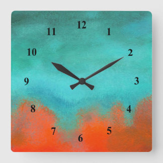 Abstract Art Sky Fire Lava Coral Turquoise Orange Square Wall Clock