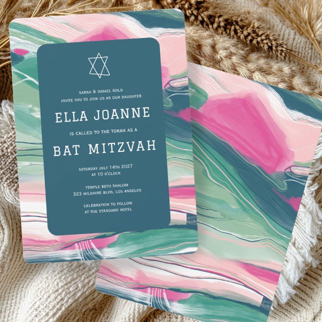 Abstract Art Star of David Custom Bar Bat Mitzvah Invitation (Pink Green Abstract Art Star of David Custom Bar Bat Mitzvah Invitation
)