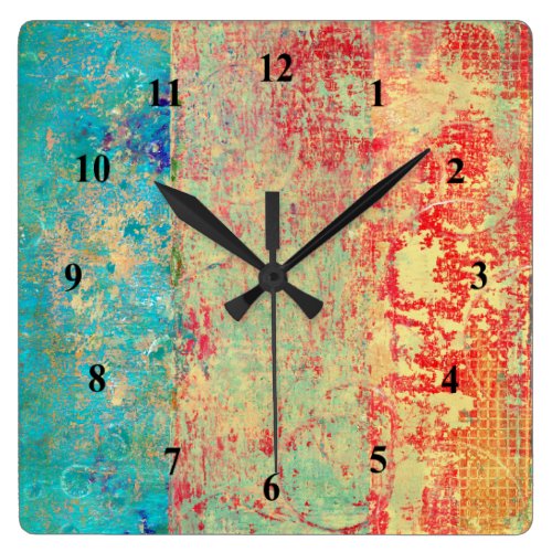 Abstract Art Texture Painting Turquoise Red Green Square Wall Clock