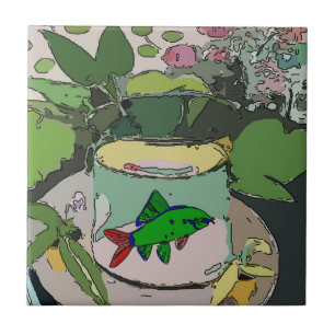 Abstract Art Tiles, Green fish in bowl, Ceramic Tile