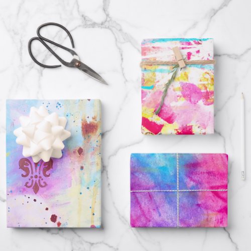 Abstract Art Trio Colorful Vibrant Artsy Pink Aqua Wrapping Paper Sheets