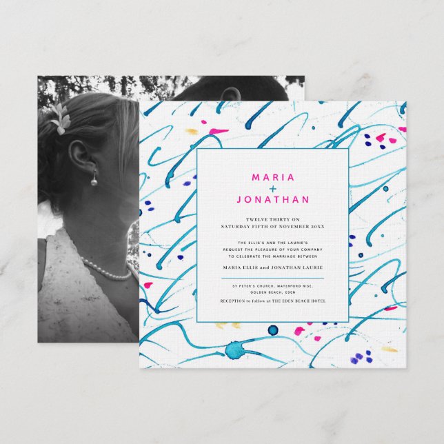Abstract art tropical shallow waves photo wedding invitation (Front/Back)