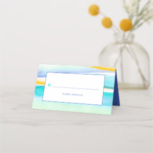 Abstract art tropical tide lines aqua yellow place card