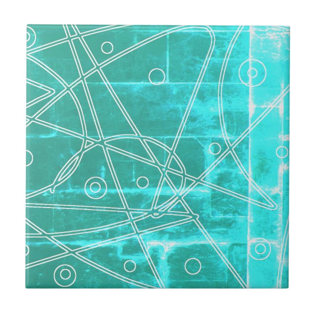 Abstract Art Turquoise Lines Circles Minimalism Ceramic Tile (Front)
