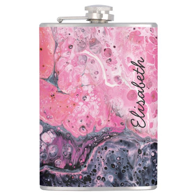 Abstract Art With Acrylic Paint Pour | Pink Black Flask (Front)