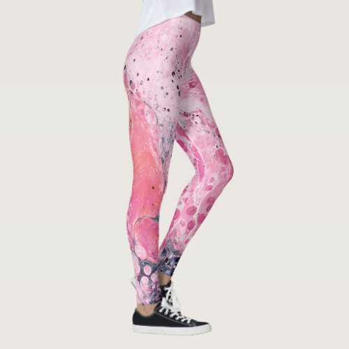 Abstract Art With Acrylic Paint Pour  Pink Black Leggings