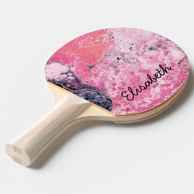 Abstract Art With Acrylic Paint Pour | Pink Black Ping Pong Paddle (Front Angle)